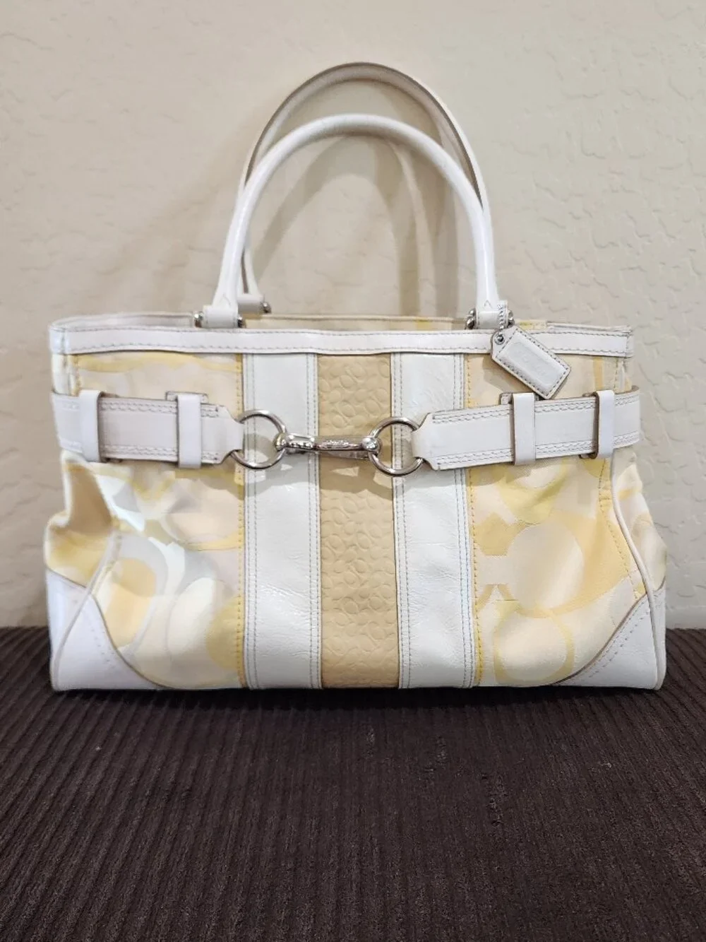 Coach Hampton Optic Signature Stripe Yellow White Double Handle Shoulder Bag